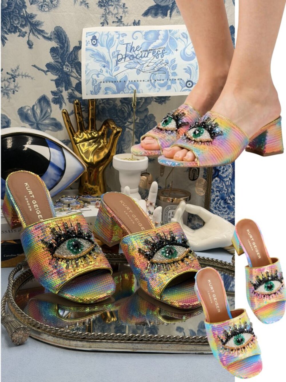 🆕 KURT GEIGER LONDON 🧿 NWOB Olive Eye Block Heel Sandal, Rainbow Sequin - Sz 7